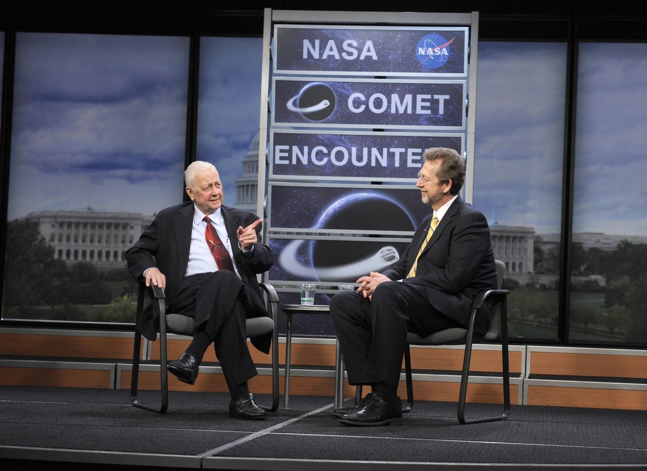 Dr. James L. Green, Director of Planetary Science at NASA, right, speaks with Dr. Robert Farquar, an executive for space exploration at KinetX Inc., during a symposium commemorating a quarter-century of comet discoveries, Friday, Sept. 10, 2010, in the Knight studio at the Newseum in Washington. The International Sun-Earth Explorer-3 (ISEE-3) spacecraft flew past the comet Giacobini-Zinner on Sept. 11, 1985 which established a foundation of discoveries that continue today. Photo Credit: (NASA/Paul E. Alers)