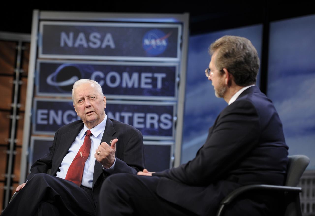 Dr. James L. Green, Director of Planetary Science at NASA, right, speaks with Dr. Robert Farquar, an executive for space exploration at KinetX Inc., during a symposium commemorating a quarter-century of comet discoveries, Friday, Sept. 10, 2010, in the Knight studio at the Newseum in Washington. The International Sun-Earth Explorer-3 (ISEE-3) spacecraft flew past the comet Giacobini-Zinner on Sept. 11, 1985 which established a foundation of discoveries that continue today. Photo Credit: (NASA/Paul E. Alers)