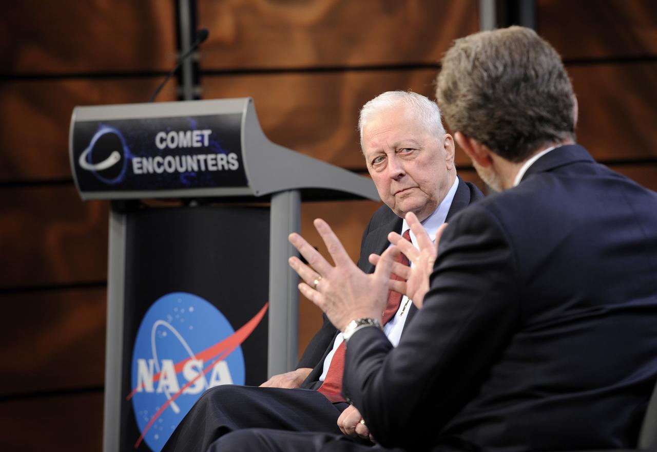 Dr. James L. Green, Director of Planetary Science at NASA, right, speaks with Dr. Robert Farquar, an executive for space exploration at KinetX Inc., during a symposium commemorating a quarter-century of comet discoveries, Friday, Sept. 10, 2010, in the Knight studio at the Newseum in Washington. The International Sun-Earth Explorer-3 (ISEE-3) spacecraft flew past the comet Giacobini-Zinner on Sept. 11, 1985 which established a foundation of discoveries that continue today. Photo Credit: (NASA/Paul E. Alers)