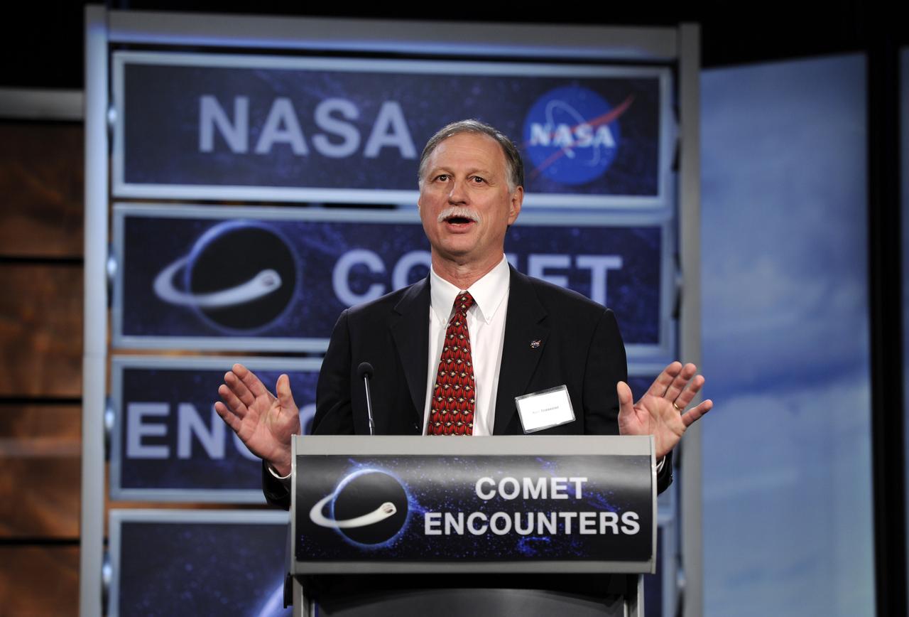 Kjell Stakkestad, President and CEO of KinetX Inc., speaks during a symposium commemorating a quarter-century of comet discoveries, Friday, Sept. 10, 2010, in the Knight studio at the Newseum in Washington. The International Sun-Earth Explorer-3 (ISEE-3) spacecraft flew past the comet Giacobini-Zinner on Sept. 11, 1985 which established a foundation of discoveries that continue today. Photo Credit: (NASA/Paul E. Alers)