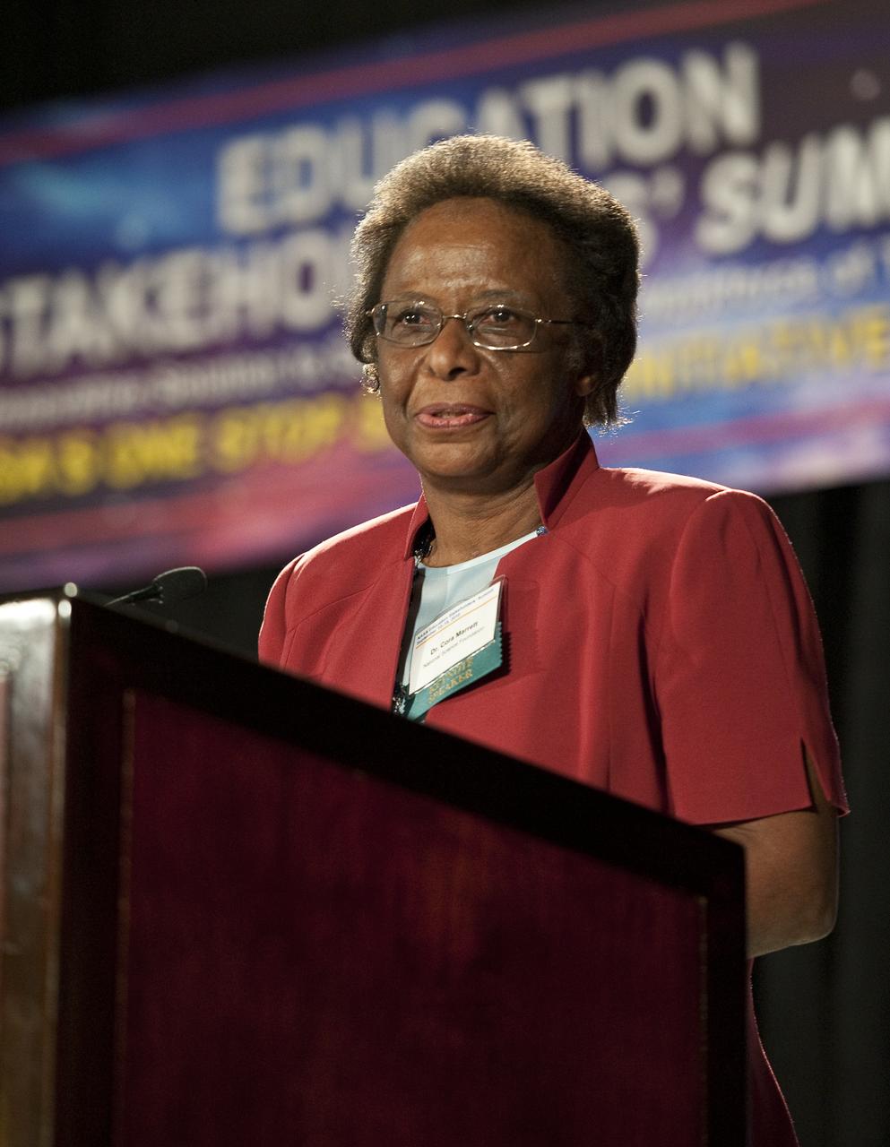 Cora B. Marrett, PhD, Acting Director, National Science Foundation gives keynote remarks at the NASA Education Stakeholders’ Summit One Stop Shopping Initiative (OSSI), Monday, Sep. 13, 2010, at the Westfields Marriott Conference Center in Chantilly, VA.  (Photo Credit:  NASA/Carla Cioffi)