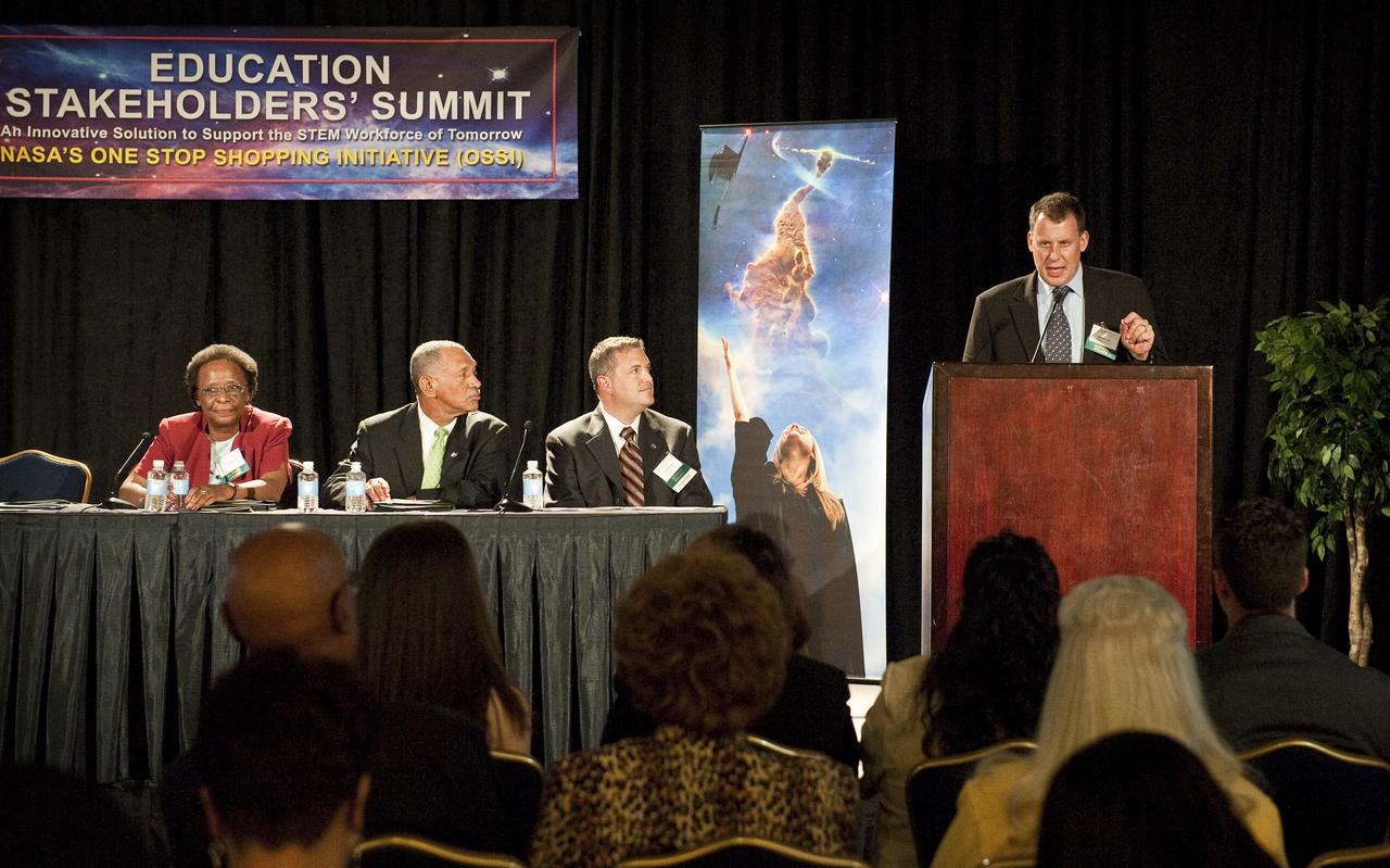 Special Assitant for STEM Education, U. S. Department of Education, Michael Lach, far right, addresses guests at the NASA Education Stakeholders’ Summit One Stop Shopping Initiative (OSSI), Monday, Sep. 13, 2010, at the Westfields Marriott Conference Center in Chantilly, VA.  Seated from right are James Stofan, NASA Acting Associate Administrator for Education; Charles Bolden, NASA Administrator; and Cora B. Marrett, Acting Director, National Science Foundation.  (Photo Credit:  NASA/Carla Cioffi)
