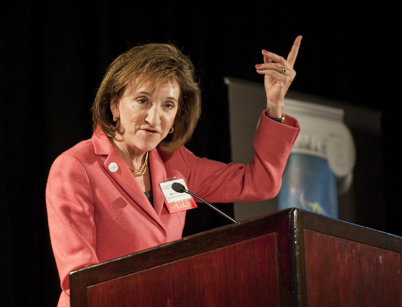 Marion C. Blakey, President and CEO, Aerospace Industries Association, addresses guests at the NASA Education Stakeholders’ Summit One Stop Shopping Initiative (OSSI), Monday, Sep. 13, 2010, at the Westfields Marriott Conference Center in Chantilly, VA.  (Photo Credit:  NASA/Carla Cioffi)