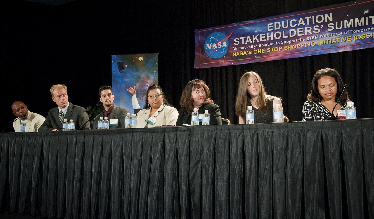 NASA Student Ambassadors and Facilitator are seen on a panel at the NASA Education Stakeholders’ Summit One Stop Shopping Initiative (OSSI), Monday, Sep. 13, 2010, at the Westfields Marriott Conference Center in Chantilly, VA.   From left to right are:  Quenton Bonds, University of South Florida; Geoffrey Wawrzyniak, Purdue University; Heriberto Reynoso, University of Texas at Brownsville; Marie Kingbird-Lowry, Leech Lake Tribal College; Kareen Borders, University of Washington; Katelyn Doran, University of North Carolina at Charlotte and Ashanti Johnson, PhD, Executive Director, Institute for Broadening Participation.  (Photo Credit:  NASA/Carla Cioffi)