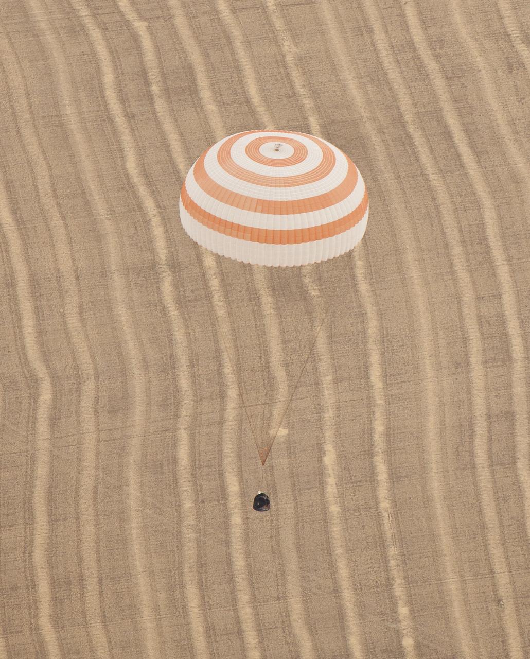 The Soyuz TMA-18 spacecraft is seen as it lands with Expedition 24 Commander Alexander Skvortsov and Flight Engineers Tracy Caldwell Dyson and Mikhail Kornienko near the town of Arkalyk, Kazakhstan on Saturday, Sept. 25, 2010. Russian Cosmonauts Skvortsov and Kornienko and NASA Astronaut Caldwell Dyson, are returning from six months onboard the International Space Station where they served as members of the Expedition 23 and 24 crews. Photo Credit: (NASA/Bill Ingalls)