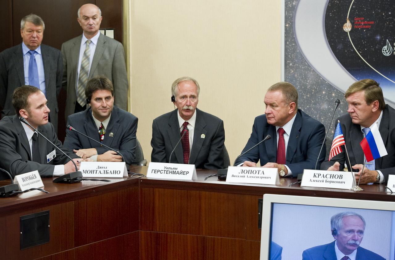 William Gerstenmaier, third from right, Associate Administrator for Space Operations answers a reporter’s question during a Soyuz post-docking press conference at the Russian Mission Control Center in Korolev, Russia on Sunday, Oct. 10, 2010.  Gerstenmaier is flanked by NASA and ROSCOSMOS senior officials.  Photo Credit: (NASA/Carla Cioffi)