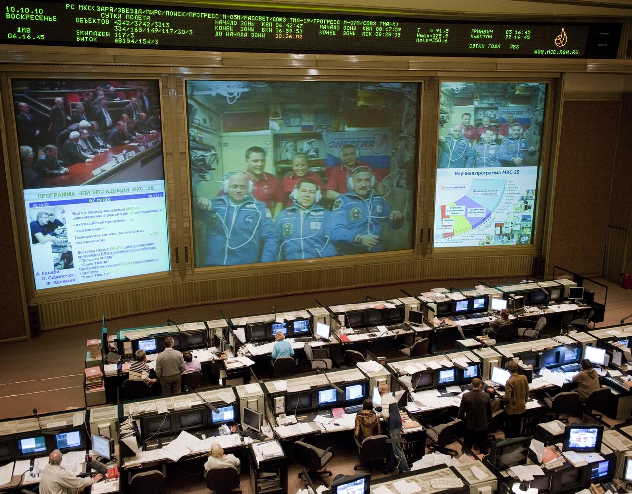 The crews of Expedition 24 and Expedition 25 are seen on a video monitor at Russian Mission Control in Korolev, Russia shortly after crew members of Expedition 25 docked to and entered the International Space Station on Sunday, Oct. 10, 2010.    Photo Credit: (NASA/Carla Cioffi)
