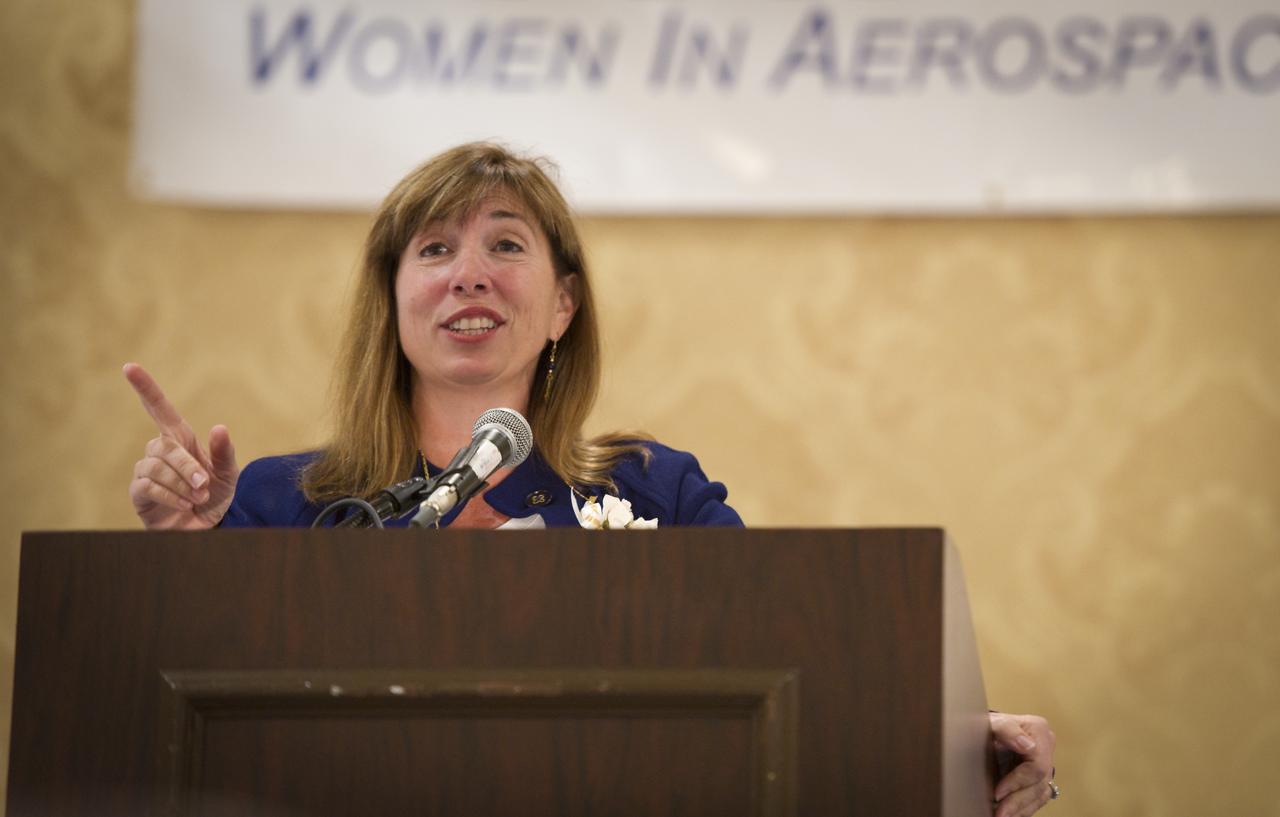 NASA Deputy Administrator Lori Garver speaks after being given the Women in Aerospace's Outstanding Member Award at the organization's annual awards ceremony and banquet held at the Ritz-Carlton Hotel in Arlington, VA on Tuesday, Oct. 26, 2010.  Four current NASA leaders and one retiree were recognized for their work by Women in Aerospace. The event celebrates women's professional excellence in aerospace and honors women who have made outstanding contributions to the aerospace community. Photo Credit: (NASA/Bill Ingalls)