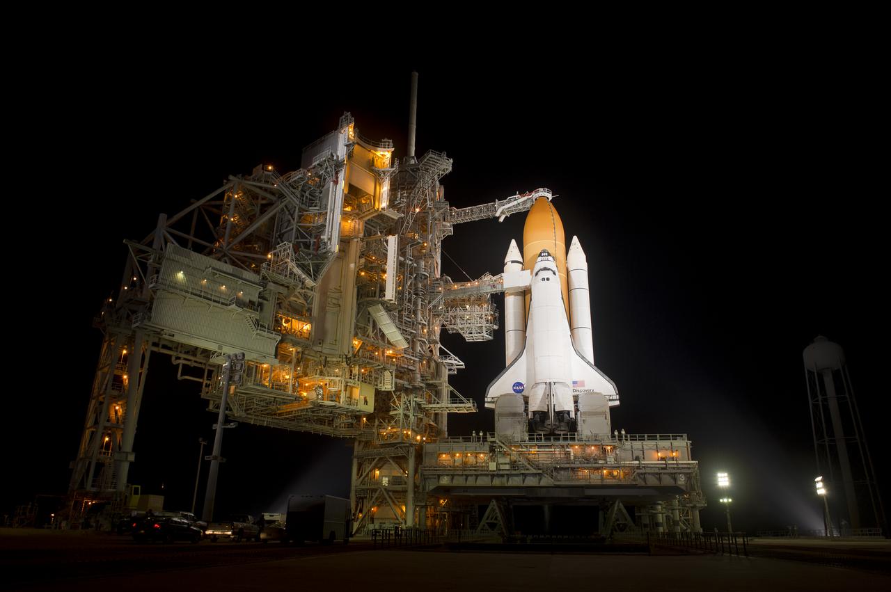 The space shuttle Discovery is seen on launch Pad 39a after the Rotating Service Structure (RSS) is rolled back on Wednesday, Nov. 3, 2010 at the NASA Kennedy Space Center in Cape Canaveral, Fla.  During space shuttle Discovery's final spaceflight, the STS-133 crew members will take important spare parts to the International Space Station along with the Express Logistics Carrier-4. Photo Credit: (NASA/Bill Ingalls)