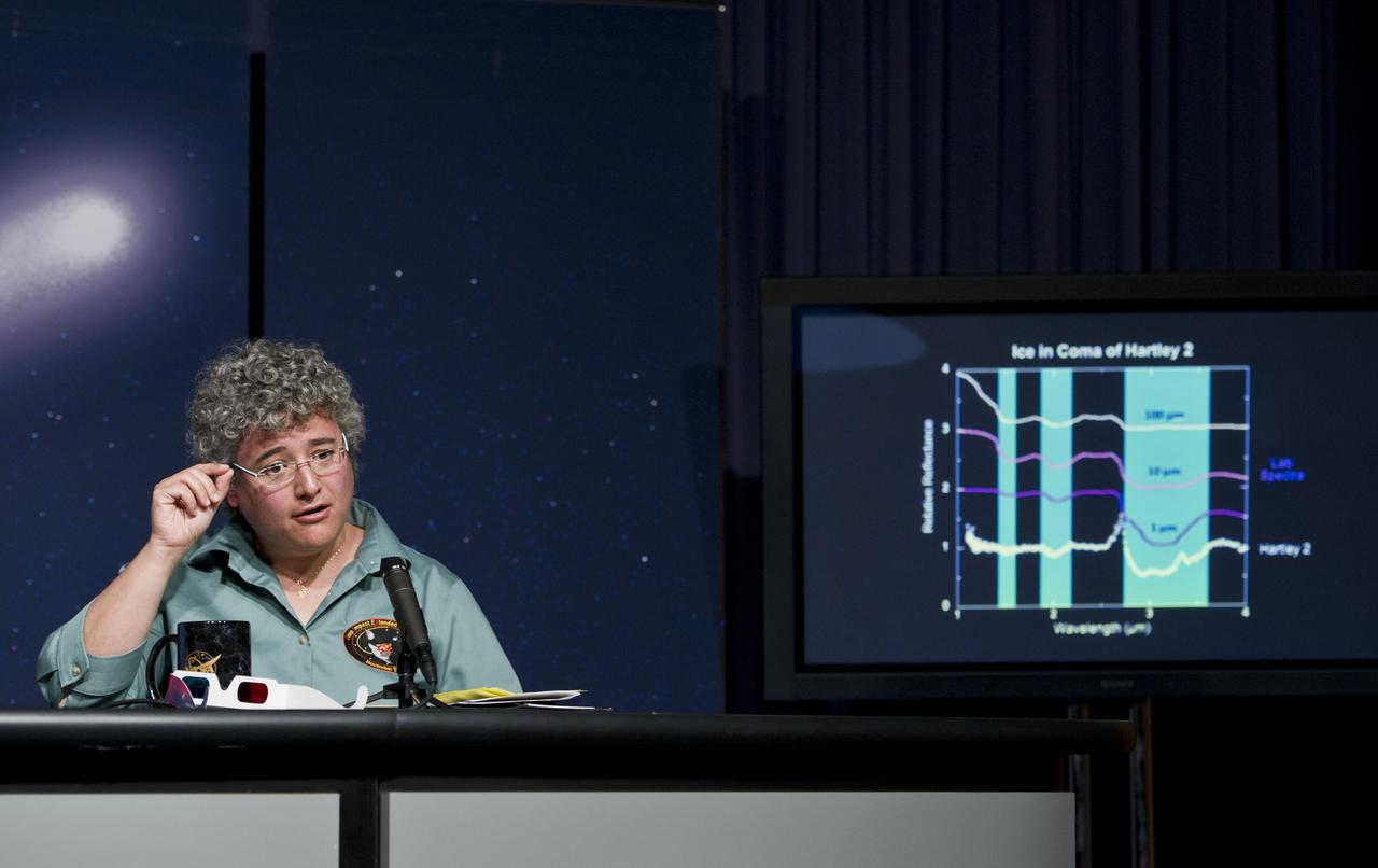 Jessica Sunshine, EPOXI Deputy Principal Investigator, University of Maryland, far right, discusses imagery sent back from the EPOXI Mission spacecraft during a press conference, Thursday, Nov. 18, 2010, at NASA Headquarters in Washington. The press conference was held to discuss the Nov. 4 successful flyby of Comet Hartley 2 by NASA's EPOXI Mission Spacecraft. Images from the flyby provided scientists the most extensive observations of a comet in history. Photo Credit: (NASA/Paul E. Alers)