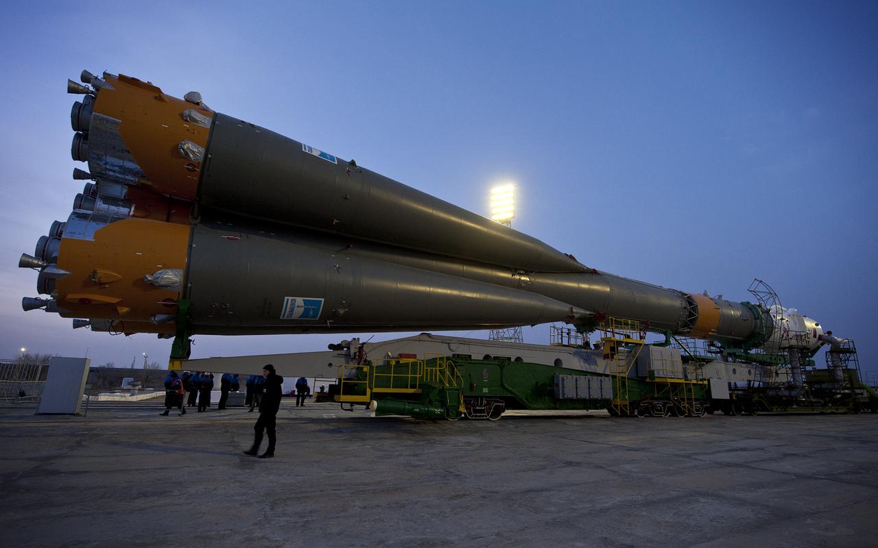 The Soyuz TMA-20 spacecraft is seen as it arrives at the launch pad Monday, Dec. 13, 2010 at the Baikonur Cosmodrome in Kazakhstan. The Soyuz is scheduled to launch the crew of Expedition 26 on Thursday, Dec. 16, 2010. Photo Credit: (NASA/Carla Cioffi)