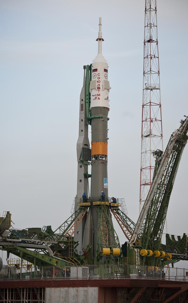 The Soyuz TMA-20 spacecraft is seen shortly after arrival to the launch pad Monday, Dec. 13, 2010 at the Baikonur Cosmodrome in Kazakhstan.  The Soyuz is scheduled to launch the crew of Expedition 26 on Thursday, Dec. 16, 2010 at 1:09 a.m. local time.  Photo Credit: (NASA/Carla Cioffi)