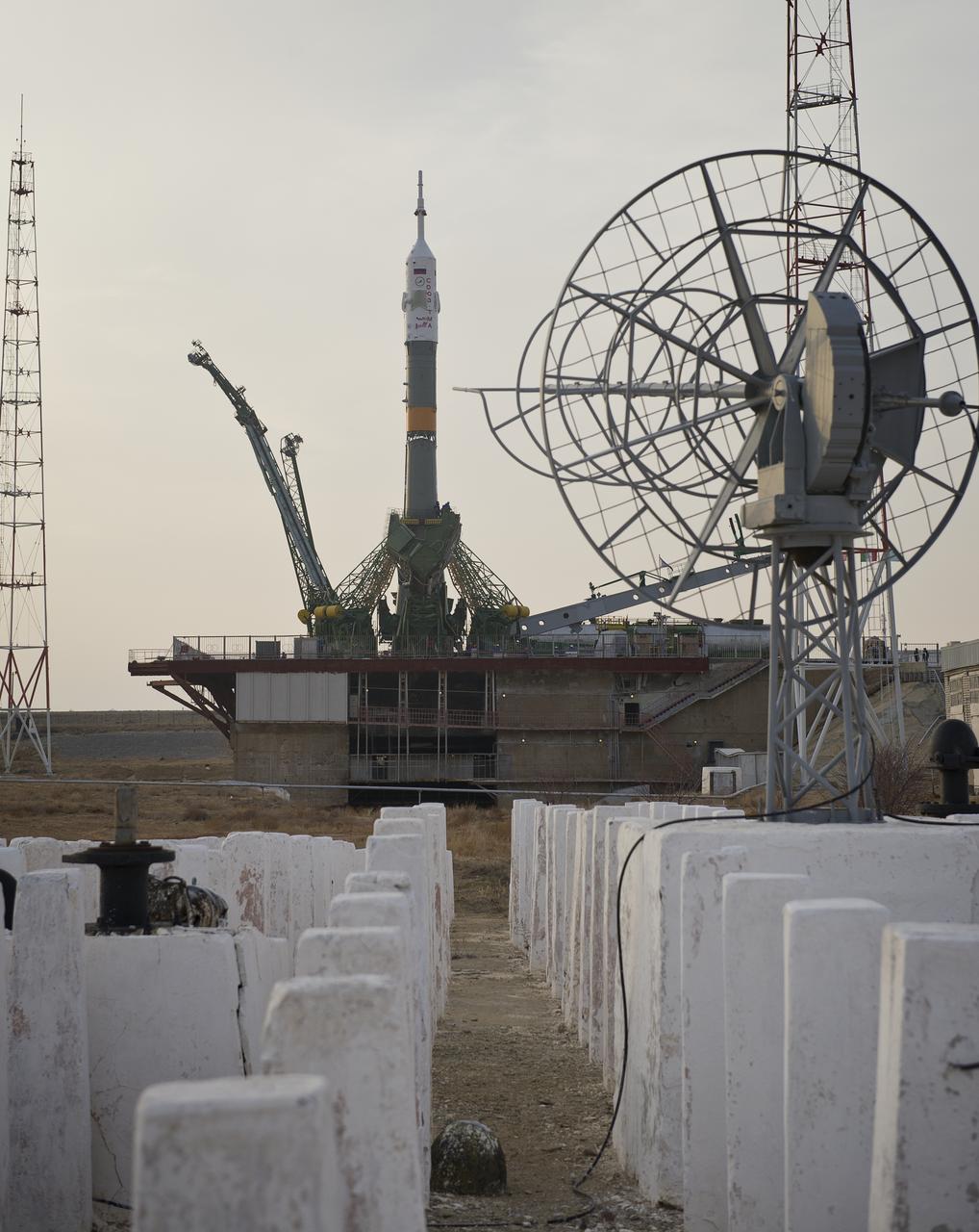 The Soyuz TMA-20 spacecraft is seen shortly after arrival to the launch pad Monday, Dec. 13, 2010 at the Baikonur Cosmodrome in Kazakhstan. The Soyuz is scheduled to launch the crew of Expedition 26 on Thursday, Dec. 16, 2010 at 1:09 a.m. local time. Photo Credit: (NASA/Carla Cioffi)