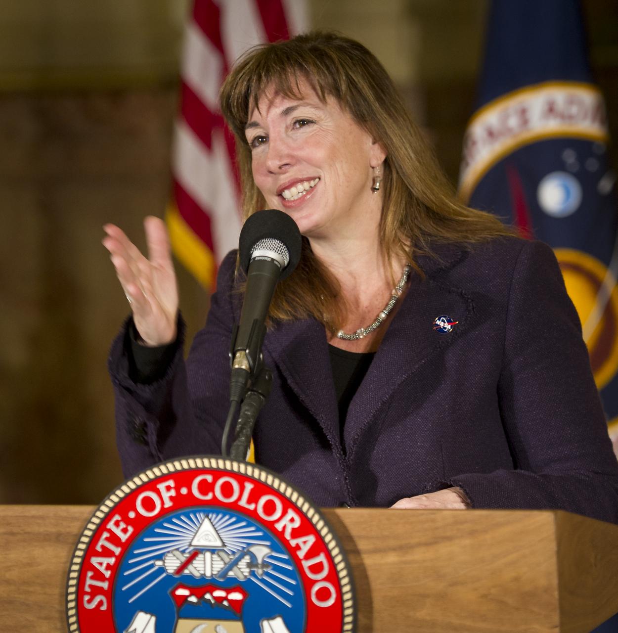 NASA Deputy Administrator Lori Garver delivers remarks at the Colorado State Capitol in Denver on Monday, Dec. 13, 2010, prior to signing an agreement that creates a Technology Acceleration Program and Regional Innovation Cluster for Aerospace and Clean Energy. A manufacturing park focused on rapid new product development and production will be developed to assist growing Colorado businesses while promoting the commercialization of technology developed for the space program.  Photo Credit: (NASA/Bill Ingalls)