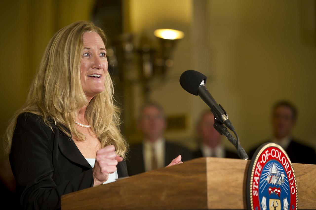Colorado Association for Manufacturing and Technology (CAMT) CEO Elaine Thorndike delivers remarks at the Colorado State Capitol in Denver on Monday, Dec. 13, 2010, prior to the signing of an agreement with NASA that creates a Technology Acceleration Program and Regional Innovation Cluster for Aerospace and Clean Energy. A manufacturing park focused on rapid new product development and production will be developed to assist growing Colorado businesses while promoting the commercialization of technology developed for the space program. Photo Credit: (NASA/Bill Ingalls)