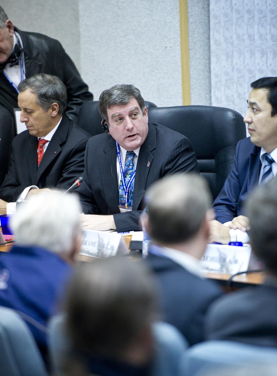 Kirk Shireman, International Space Station Deputy Program Manager, speaks at the State Commission meeting held at the Cosmonaut Hotel in Baikonur, Kazakhstan on Tuesday, Dec. 14, 2010.  Photo Credit: (NASA/Carla Cioffi)