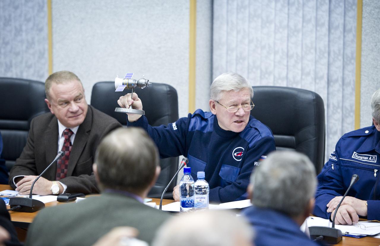 Anatoly Perminov, Head of the Russian Federal Space Agency, speaks at the State Commission meeting held at the Cosmonaut Hotel in Baikonur, Kazakhstan on Tuesday, Dec. 14, 2010.  Photo Credit: (NASA/Carla Cioffi)
