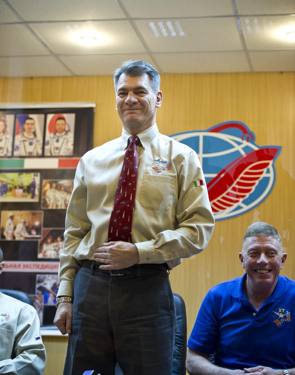 Expedition 26 Flight Engineer and Italian astronaut Paolo Nespoli is seen at the State Commission press conference held at the Cosmonaut Hotel in Baikonur, Kazakhstan on Tuesday, Dec. 14, 2010. Photo Credit: (NASA/Carla Cioffi)