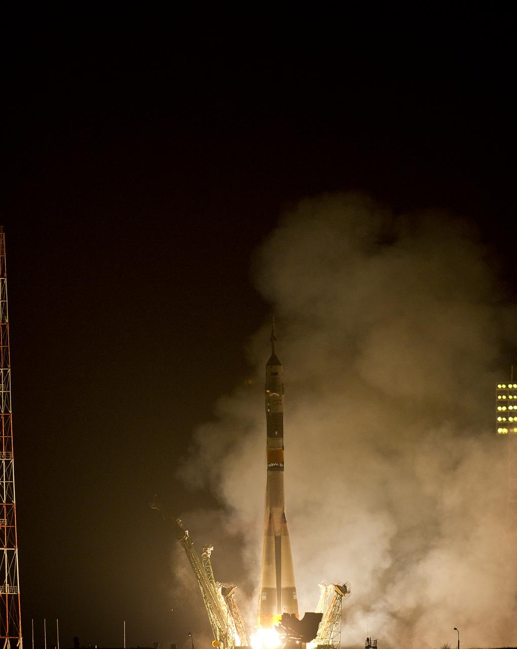 The Soyuz TMA-20 rocket launches from the Baikonur Cosmodrome in Kazakhstan on Thursday, Dec. 16, 2010 carrying Expedition 26 Soyuz Commander Dmitry Kondratyev of Russia, NASA Flight Engineer Cady Coleman of the U.S. and European Space Agency Flight Engineer Paolo Nespoli to the International Space Station. (Photo Credit: NASA/Carla Cioffi)