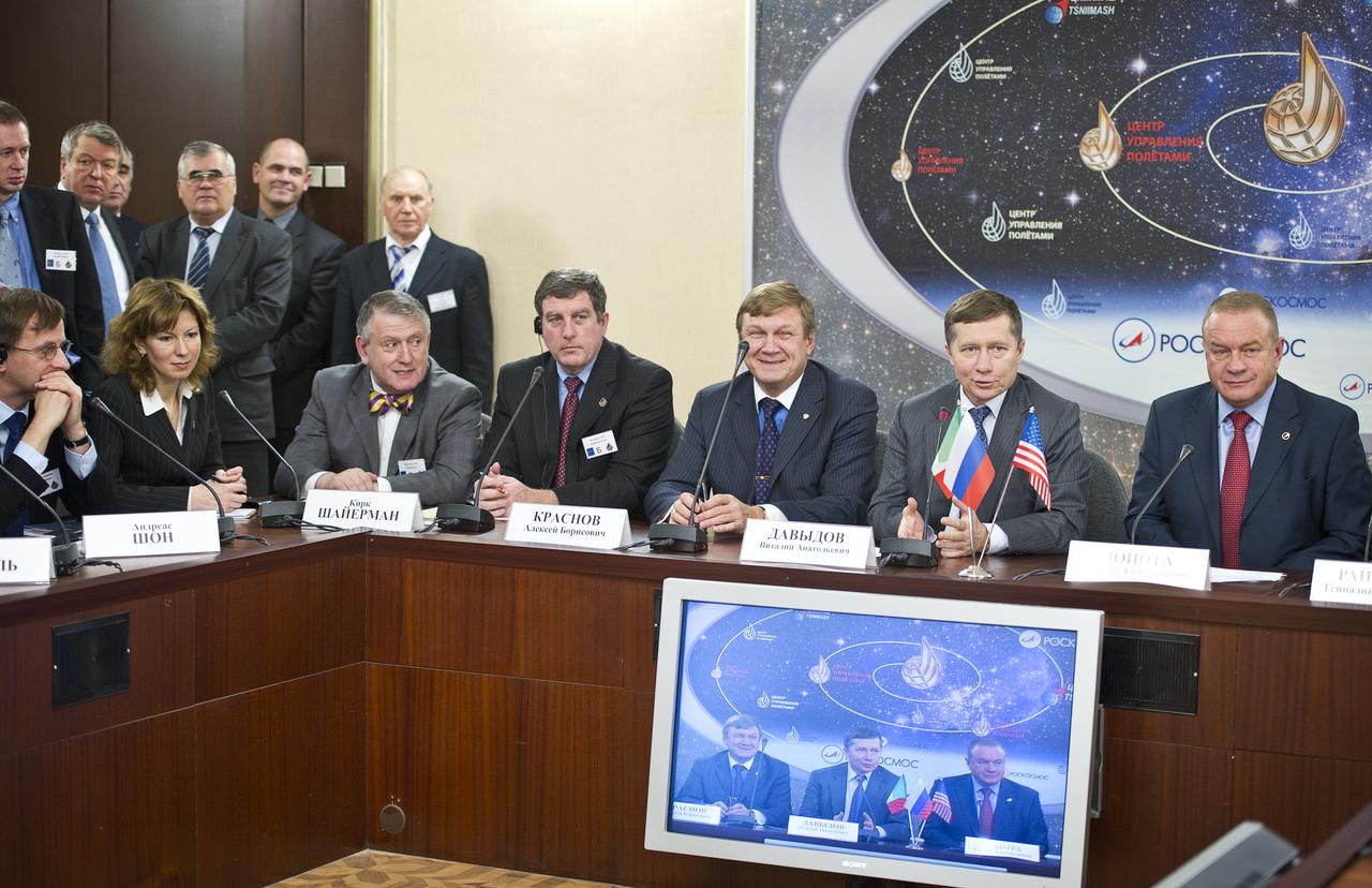 Vitaly Davyidov, second from right, Deputy Head of the Russian Federal Space Agency, answers reporter’s questions during a Soyuz post-docking press conference at the Russian Mission Control Center in Korolev, Russia on Saturday, Dec. 18, 2010. The Soyuz TMA-20 docked to the International Space Station carrying Expedition 26 Soyuz Commander Dmitry Kondratyev, Flight Engineer Catherine Coleman and European Space Agency Flight Engineer Paolo Nespoli. Photo Credit: (NASA/Carla Cioffi)
