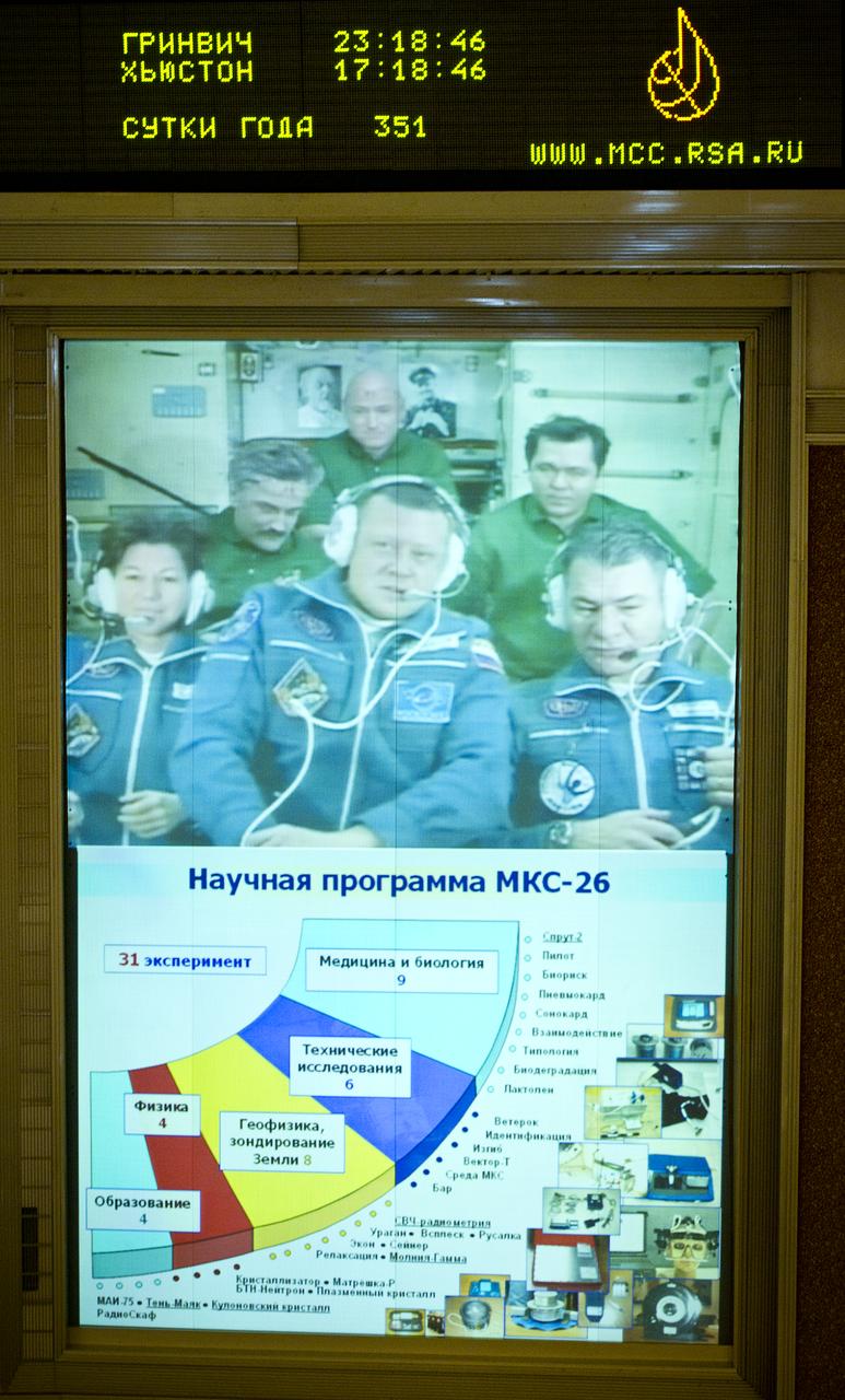 The crews of Expedition 25 and Expedition 26 are seen on a large screen TV at the Russian Mission Control Center in Korolev, Russia shortly after Expedition 26's arrival to the International Space Station on Saturday, Dec. 18, 2010.  From top left clockwise: Flight Engineer Alexander Kaleri, Expedition 26 Commander Scott Kelly, Flight Engineer Oleg Skripochka, Flight Engineer and ESA astronaut Paolo Nespoli, Flight Engineer Dmitry Kondratyev and Flight Engineer Catherine Coleman.  Photo Credit: (NASA/Carla Cioffi)