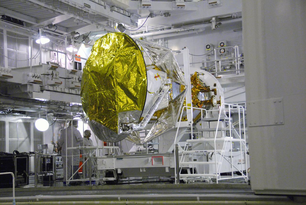 VANDENBERG AIR FORCE BASE, Calif. -- The Aquarius_SAC-D spacecraft is secured to the Rotation and Test Fixture in cell 3 at the Spaceport Systems International payload processing facility at Vandenberg Air Force Base in California. There, the spacecraft will undergo inspection of its solar arrays and tests will be conducted on its propulsion subsystem. Further testing of the satellites various other systems will follow.  Following final tests, the spacecraft will be integrated to a United Launch Alliance Delta II rocket in preparation for the targeted June launch. Aquarius, the NASA-built primary instrument on the SAC-D spacecraft, will map global changes in salinity at the ocean's surface. The three-year mission will provide new insights into how variations in ocean surface salinity relate to these fundamental climate processes. Photo credit: NASA_Randy Beaudoin, VAFB