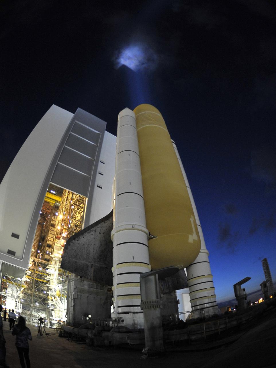 Shuttle Atlantis viewed from the Mobil Launch Platform (MLP) departs the Vehicle Assembly Building (VAB) during it's final rollout to Launch Pad 39A at Kennedy Space Center, Cape Canaveral, Florida, USA 31 May 2011. Launch of Atlantis on the STS-135 mission to deliver supplies to the International Space Station is  planned for no earlier than 08 July 2011. The STS-135 mission is  planned to last eight days and will be the final flight of the Space Shuttle program.