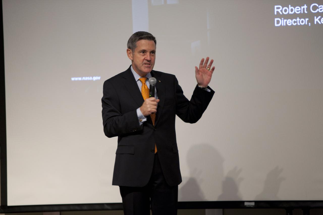 CAPE CANAVERAL, Fla. – NASA Kennedy Space Center Director Bob Cabana addresses guests at the annual Community Leaders Breakfast held in the Debus Center at Kennedy's Visitor Complex in Florida. Community leaders, business executives, educators, community organizers and state and local government officials heard NASA Administrator Charlie Bolden, Kennedy Space Center Director Bob Cabana, and other senior Kennedy managers provide an overview of the future of the space center. Photo credit: NASA_Dimitri Gerondidakis