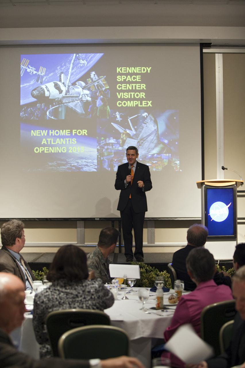 CAPE CANAVERAL, Fla. – NASA Kennedy Space Center Director Bob Cabana addresses guests at the annual Community Leaders Breakfast held in the Debus Center at Kennedy's Visitor Complex in Florida. Community leaders, business executives, educators, community organizers and state and local government officials heard NASA Administrator Charlie Bolden, Kennedy Space Center Director Bob Cabana, and other senior Kennedy managers provide an overview of the future of the space center. Photo credit: NASA_Dimitri Gerondidakis