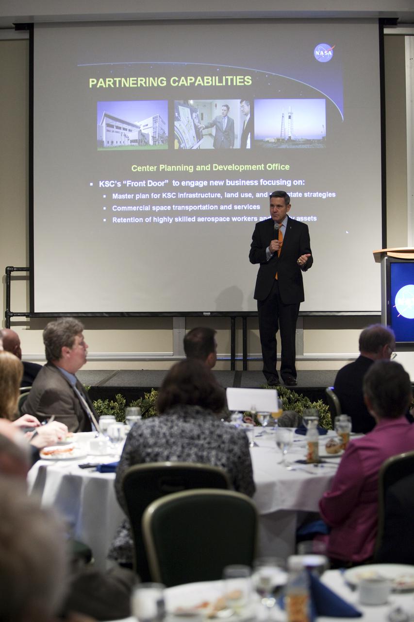 CAPE CANAVERAL, Fla. – NASA Kennedy Space Center Director Bob Cabana addresses guests at the annual Community Leaders Breakfast held in the Debus Center at Kennedy's Visitor Complex in Florida. Community leaders, business executives, educators, community organizers and state and local government officials heard NASA Administrator Charlie Bolden, Kennedy Space Center Director Bob Cabana, and other senior Kennedy managers provide an overview of the future of the space center. Photo credit: NASA_Dimitri Gerondidakis