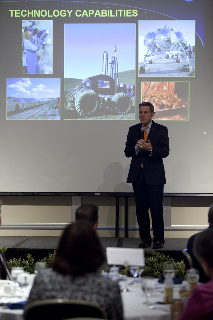 CAPE CANAVERAL, Fla. – NASA Kennedy Space Center Director Bob Cabana addresses guests at the annual Community Leaders Breakfast held in the Debus Center at Kennedy's Visitor Complex in Florida. Community leaders, business executives, educators, community organizers and state and local government officials heard NASA Administrator Charlie Bolden, Kennedy Space Center Director Bob Cabana, and other senior Kennedy managers provide an overview of the future of the space center. Photo credit: NASA_Dimitri Gerondidakis