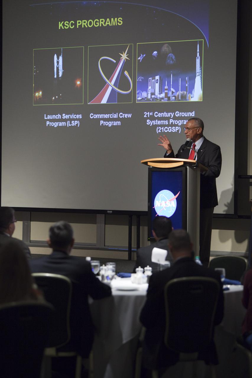 CAPE CANAVERAL, Fla. – NASA Administrator Charlie Bolden addresses guests at the annual Community Leaders Breakfast held in the Debus Center at Kennedy's Visitor Complex in Florida.  Community leaders, business executives, educators, community organizers and state and local government officials heard NASA Administrator Charlie Bolden, Kennedy Space Center Director Bob Cabana, and other senior Kennedy managers provide an overview of the future of the space center. Photo credit: NASA_Dimitri Gerondidakis
