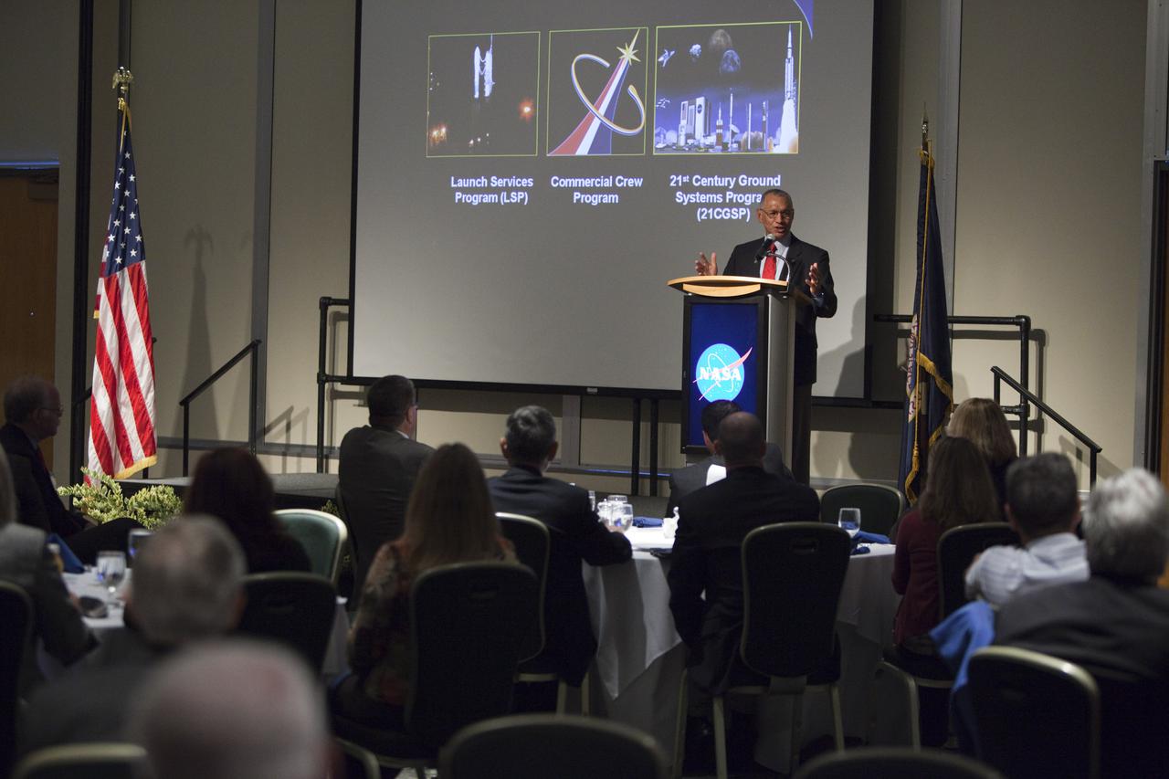 CAPE CANAVERAL, Fla. – NASA Administrator Charlie Bolden addresses guests at the annual Community Leaders Breakfast held in the Debus Center at Kennedy's Visitor Complex in Florida.  Community leaders, business executives, educators, community organizers and state and local government officials heard NASA Administrator Charlie Bolden, Kennedy Space Center Director Bob Cabana, and other senior Kennedy managers provide an overview of the future of the space center. Photo credit: NASA_Dimitri Gerondidakis