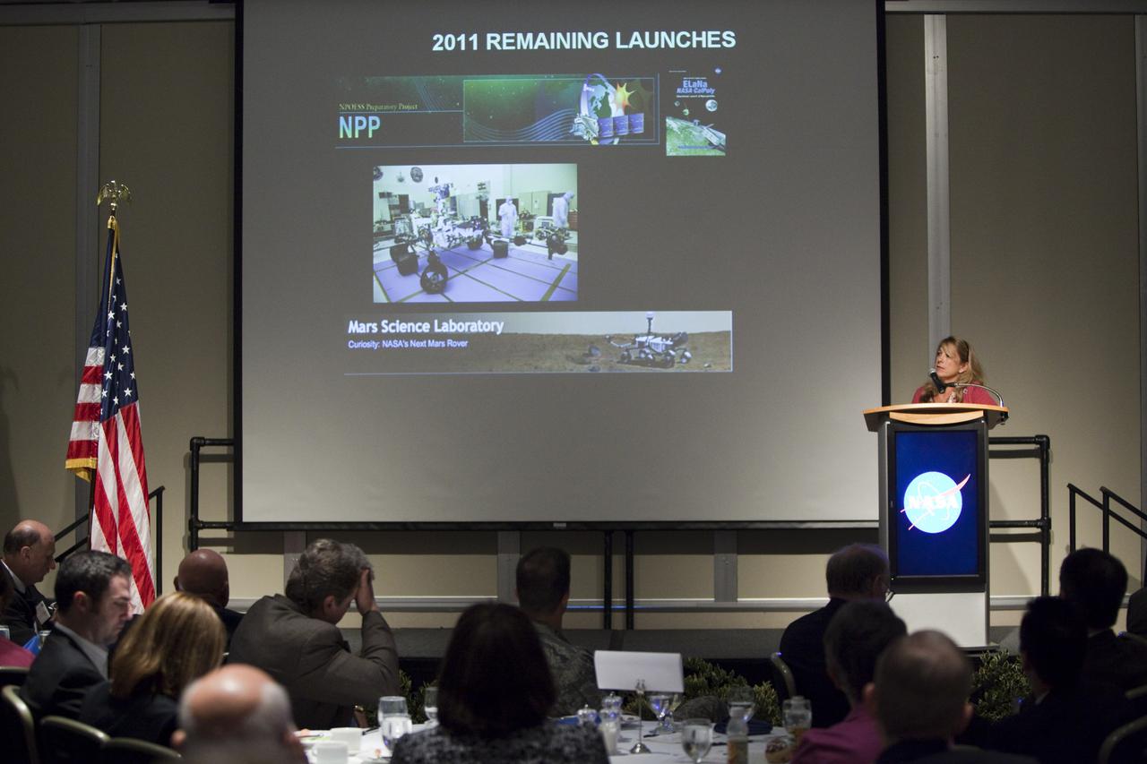 CAPE CANAVERAL, Fla. – Amanda Mitskevich, NASA’s Launch Services Program manager at Kennedy Space Center, addresses guests at the annual Community Leaders Breakfast held in the Debus Center at Kennedy's Visitor Complex in Florida. Community leaders, business executives, educators, community organizers and state and local government officials heard NASA Administrator Charlie Bolden, Kennedy Space Center Director Bob Cabana, and other senior Kennedy managers provide an overview of the future of the space center. Photo credit: NASA_Dimitri Gerondidakis