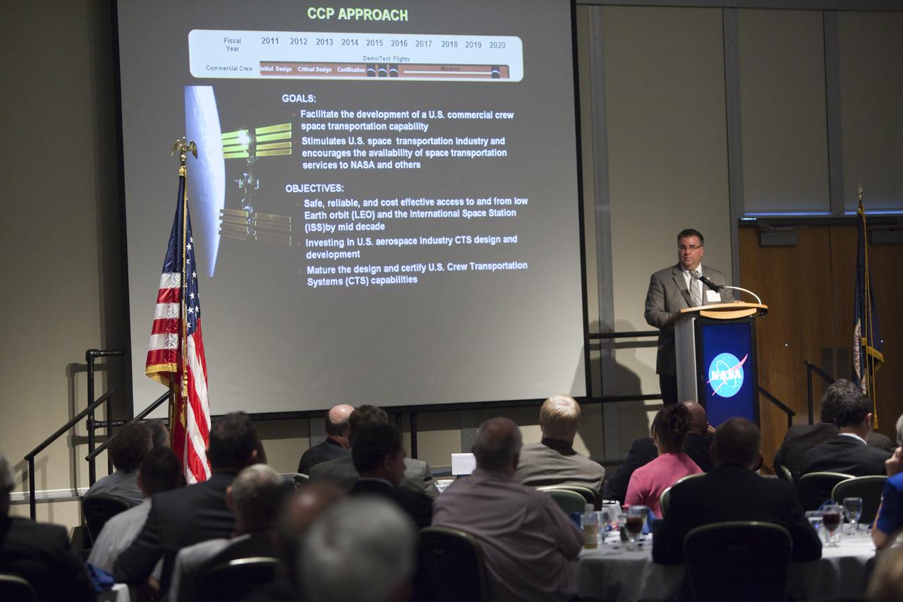 CAPE CANAVERAL, Fla. – Edward Mango, NASA’s Commercial Crew Program manager at Kennedy Space Center, addresses guests at the annual Community Leaders Breakfast held in the Debus Center at Kennedy's Visitor Complex in Florida. Community leaders, business executives, educators, community organizers and state and local government officials heard NASA Administrator Charlie Bolden, Kennedy Space Center Director Bob Cabana, and other senior Kennedy managers provide an overview of the future of the space center. Photo credit: NASA_Dimitri Gerondidakis