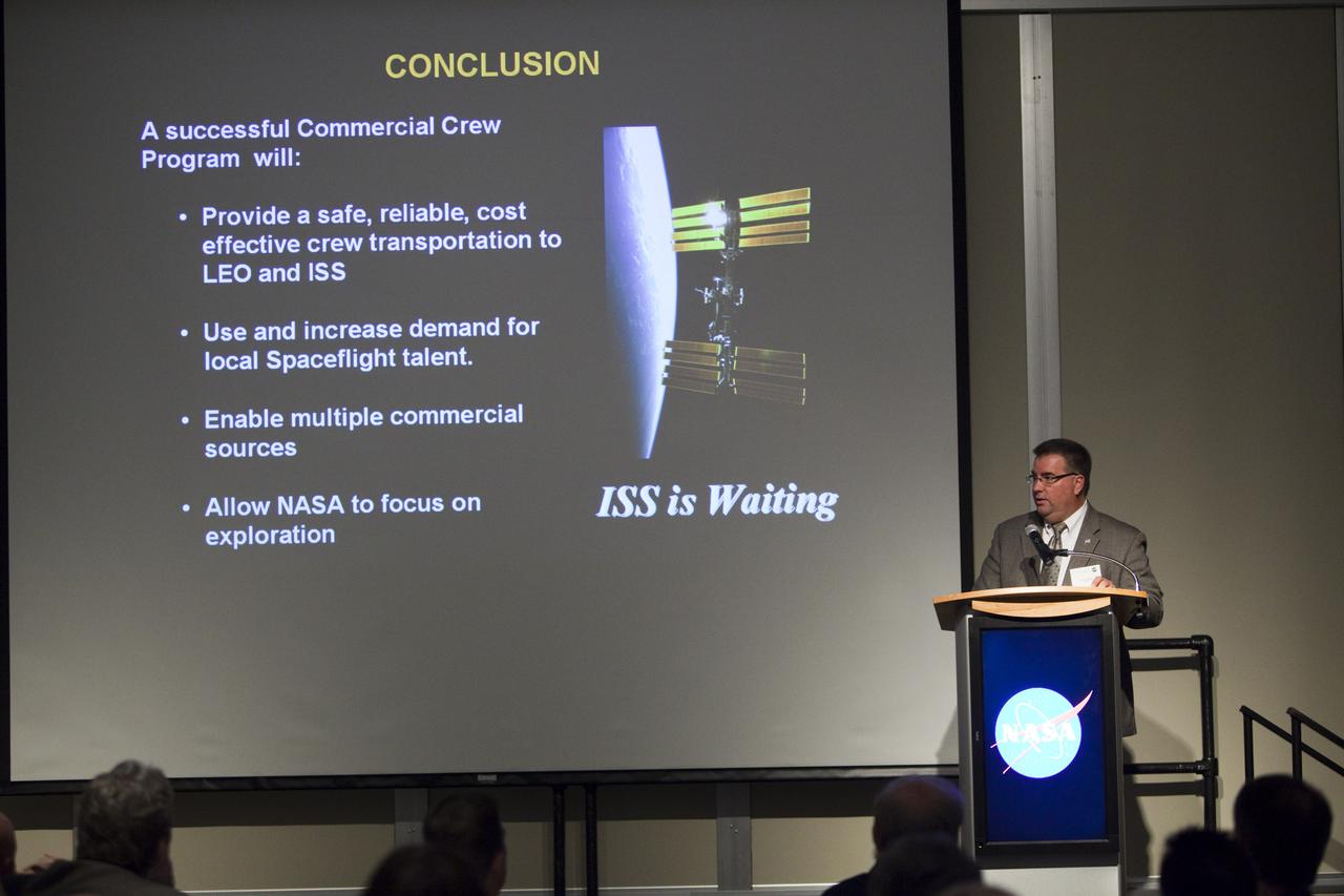 CAPE CANAVERAL, Fla. – Edward Mango, NASA’s Commercial Crew Program manager at Kennedy Space Center, addresses guests at the annual Community Leaders Breakfast held in the Debus Center at Kennedy's Visitor Complex in Florida. Community leaders, business executives, educators, community organizers and state and local government officials heard NASA Administrator Charlie Bolden, Kennedy Space Center Director Bob Cabana, and other senior Kennedy managers provide an overview of the future of the space center. Photo credit: NASA_Dimitri Gerondidakis