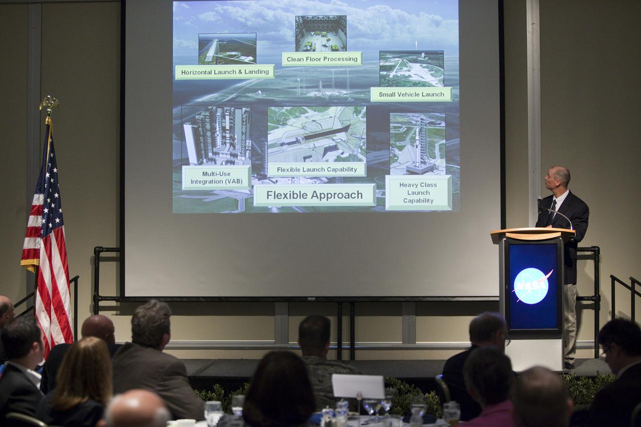 CAPE CANAVERAL, Fla. – Pepper Phillips, NASA’s 21st Century Ground Systems Program Office manager at Kennedy Space Center, addresses guests at the annual Community Leaders Breakfast held in the Debus Center at Kennedy's Visitor Complex in Florida.  Community leaders, business executives, educators, community organizers and state and local government officials heard NASA Administrator Charlie Bolden, Kennedy Space Center Director Bob Cabana, and other senior Kennedy managers provide an overview of the future of the space center. Photo credit: NASA_Dimitri Gerondidakis