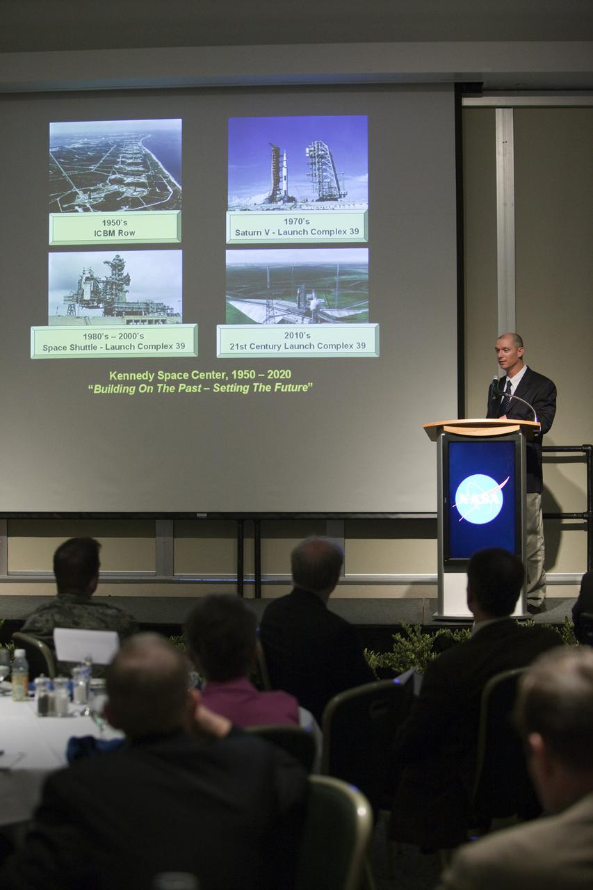 CAPE CANAVERAL, Fla. – Pepper Phillips, NASA’s 21st Century Ground Systems Program Office manager at Kennedy Space Center, addresses guests at the annual Community Leaders Breakfast held in the Debus Center at Kennedy's Visitor Complex in Florida.  Community leaders, business executives, educators, community organizers and state and local government officials heard NASA Administrator Charlie Bolden, Kennedy Space Center Director Bob Cabana, and other senior Kennedy managers provide an overview of the future of the space center. Photo credit: NASA_Dimitri Gerondidakis