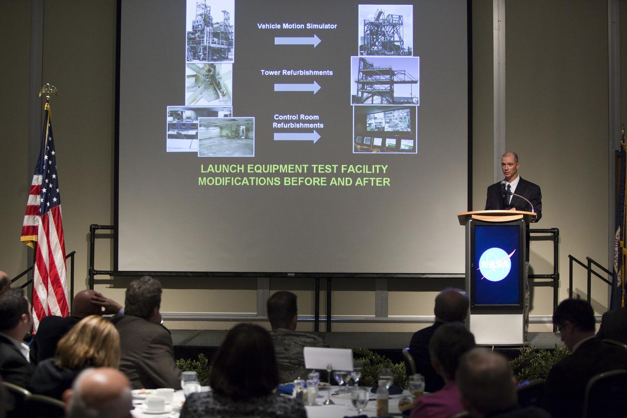 CAPE CANAVERAL, Fla. – Pepper Phillips, NASA’s 21st Century Ground Systems Program Office manager at Kennedy Space Center, addresses guests at the annual Community Leaders Breakfast held in the Debus Center at Kennedy's Visitor Complex in Florida.  Community leaders, business executives, educators, community organizers and state and local government officials heard NASA Administrator Charlie Bolden, Kennedy Space Center Director Bob Cabana, and other senior Kennedy managers provide an overview of the future of the space center. Photo credit: NASA_Dimitri Gerondidakis