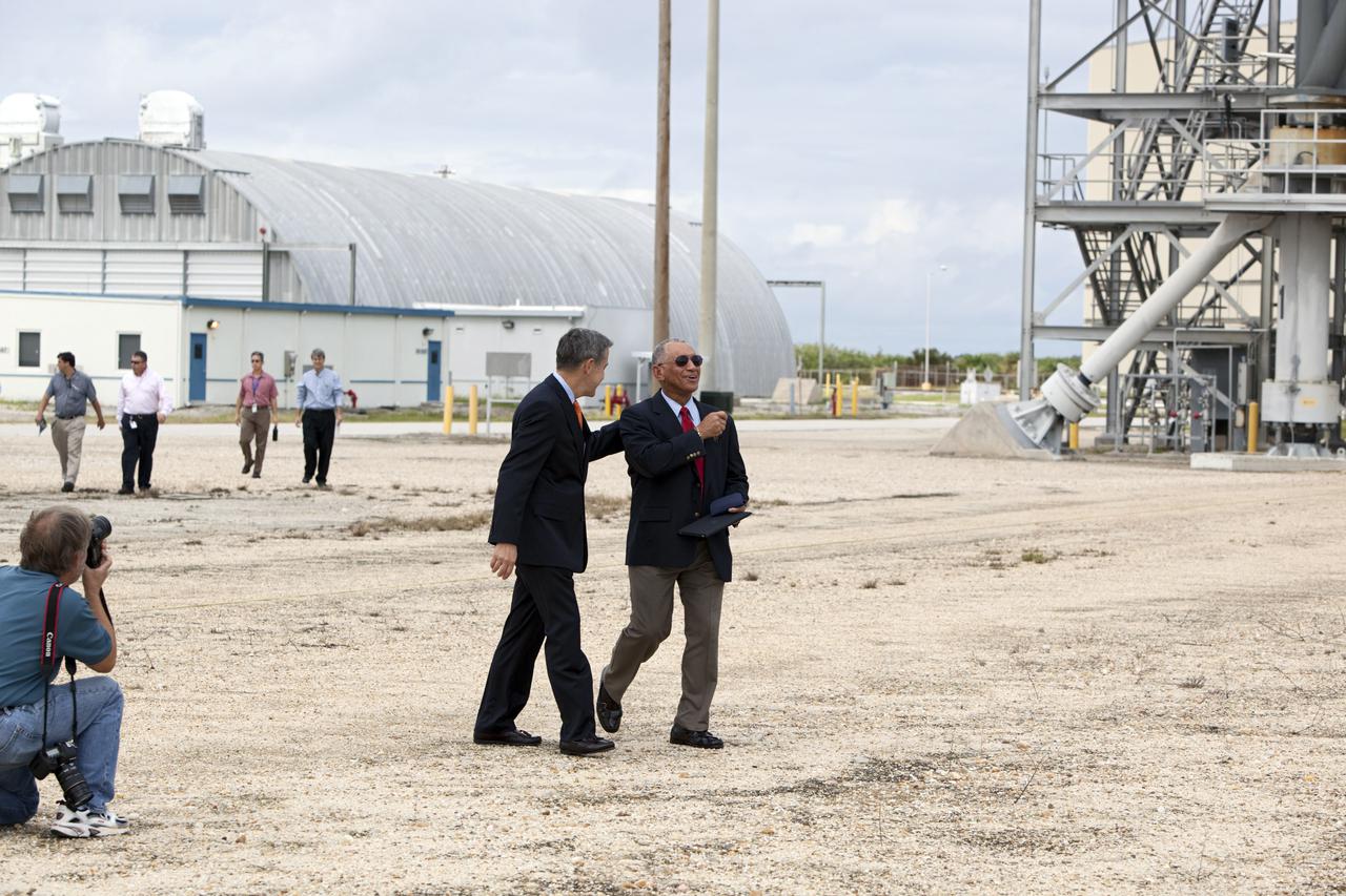 CAPE CANAVERAL, Fla. – NASA Administrator Charlie Bolden, at right, and Kennedy Space Center Director Bob Cabana walk near NASA’s mobile launcher (ML) support structure at Kennedy Space Center in Florida.  A media event was held to detail ML’s use with NASA’s Space Launch System (SLS) heavy-lift rocket, which will take astronauts into deep space on missions to asteroids, the moon or Mars.   It took about two years to construct the 355-foot-tall ML structure, which will support NASA's future human spaceflight program. The ML can be outfitted with ground support equipment, such as umbilicals and access arms, for future rocket launches. Photo credit: NASA_Dimitri Gerondidakis