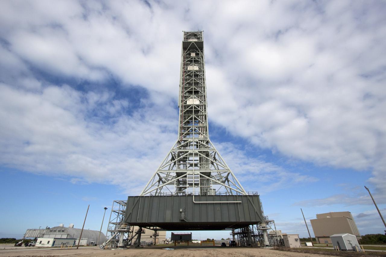 CAPE CANAVERAL, Fla. – NASA’s mobile launcher (ML) support structure at Kennedy Space Center in Florida, was the site for a media event held to detail ML’s use with NASA’s Space Launch System (SLS) heavy-lift rocket, which will take astronauts into deep space on missions to asteroids, the moon or Mars. NASA Administrator Charlie Bolden and Center Director Bob Cabana also were in attendance for the event.   It took about two years to construct the 355-foot-tall ML structure, which will support NASA's future human spaceflight program. The ML can be outfitted with ground support equipment, such as umbilicals and access arms, for future rocket launches. Photo credit: NASA_Jim Grossmann