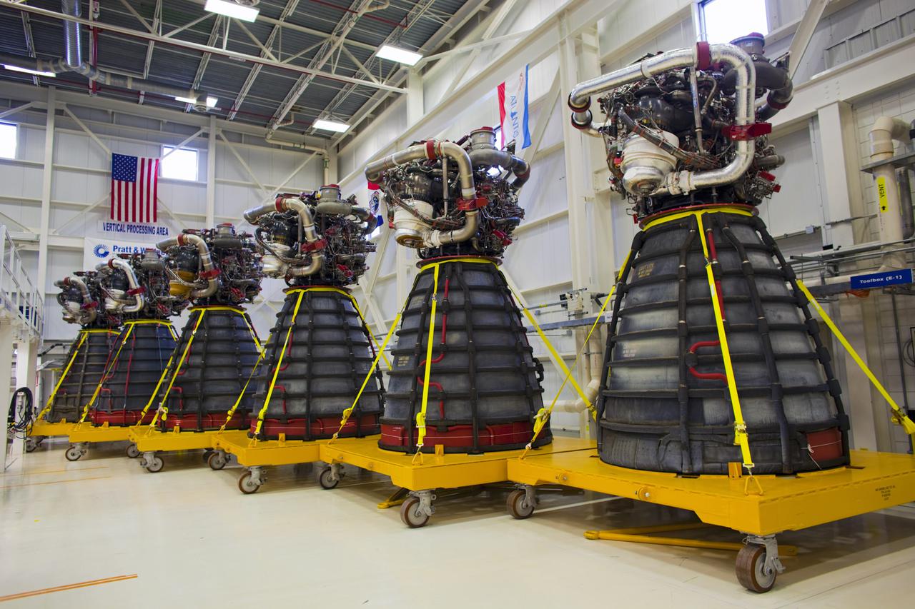 CAPE CANAVERAL, Fla. – At NASA’s Kennedy Space Center in Florida, all six Pratt Whitney Rocketdyne space shuttle main engines (SSMEs) from space shuttle Endeavour's STS-134 and space shuttle Atlantis' STS-135 missions sit in test cells inside the Engine Shop. For the first time, all 15 main engines are in the Engine Shop at the same time. They are being prepared for shipment to NASA's Stennis Space Center in Mississippi for storage following the completion of the Space Shuttle Program. The engines are being repurposed for use on NASA’s Space Launch System heavy lift rocket. Photo credit: NASA_Dimitri Gerondidakis