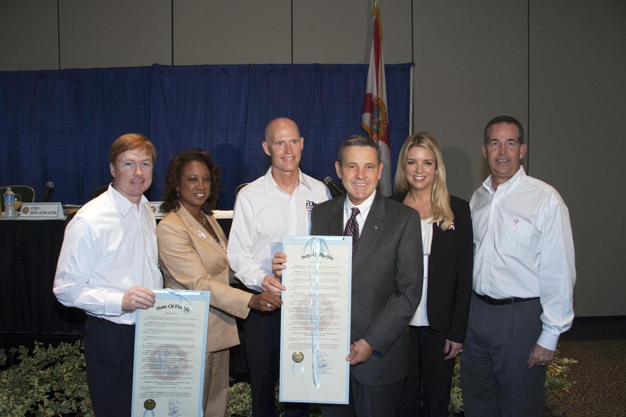 CAPE CANAVERAL, Fla. – The Florida Cabinet approved a resolution recognizing NASA Kennedy Space Center for its contributions to spaceflight and technological innovation during its meeting at the Kennedy Space Center Visitor Complex, Fla., on Oct. 18. Adam Putnam, left, agriculture commissioner, Lt. Governor Jennifer Carroll, chairwoman of Space Florida. Governor Rick Scott, Bob Cabana, Kennedy Space Center director, Pam Bondi, attorney general, and Jeff Atwater, chief financial officer, took part in the recognition during the meeting. Photo credit: NASA_Jim Grossmann