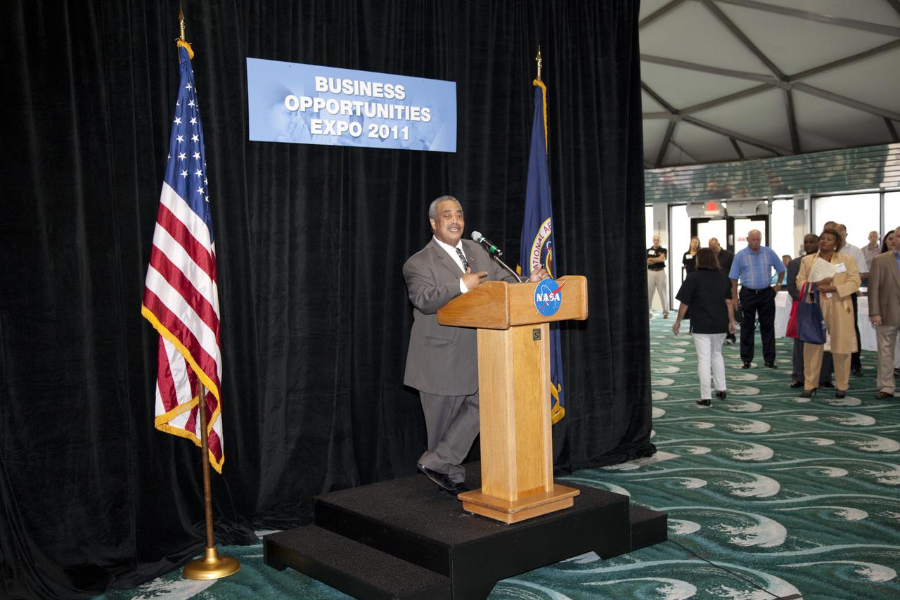 CAPE CANAVERAL, Fla. – Glenn A. Delgado, NASA associate administrator for the Office of Small Business Programs, welcomes business leaders and other attendees to the annual Business Opportunities Expo 2011, in Cruise Terminal 4 at Port Canaveral in Florida. The trade show is sponsored by NASA Kennedy Space Center’s Prime Contractor Board, the 45th Space Wing and Canaveral Port Authority.  The event is free and open to the public. It features about 175 business and government exhibitors from across the nation and Brevard County and is geared toward business leaders who are interested in learning more about government contracting and what local and national vendors have to offer.  Photo credit: NASA_Gianni Woods
