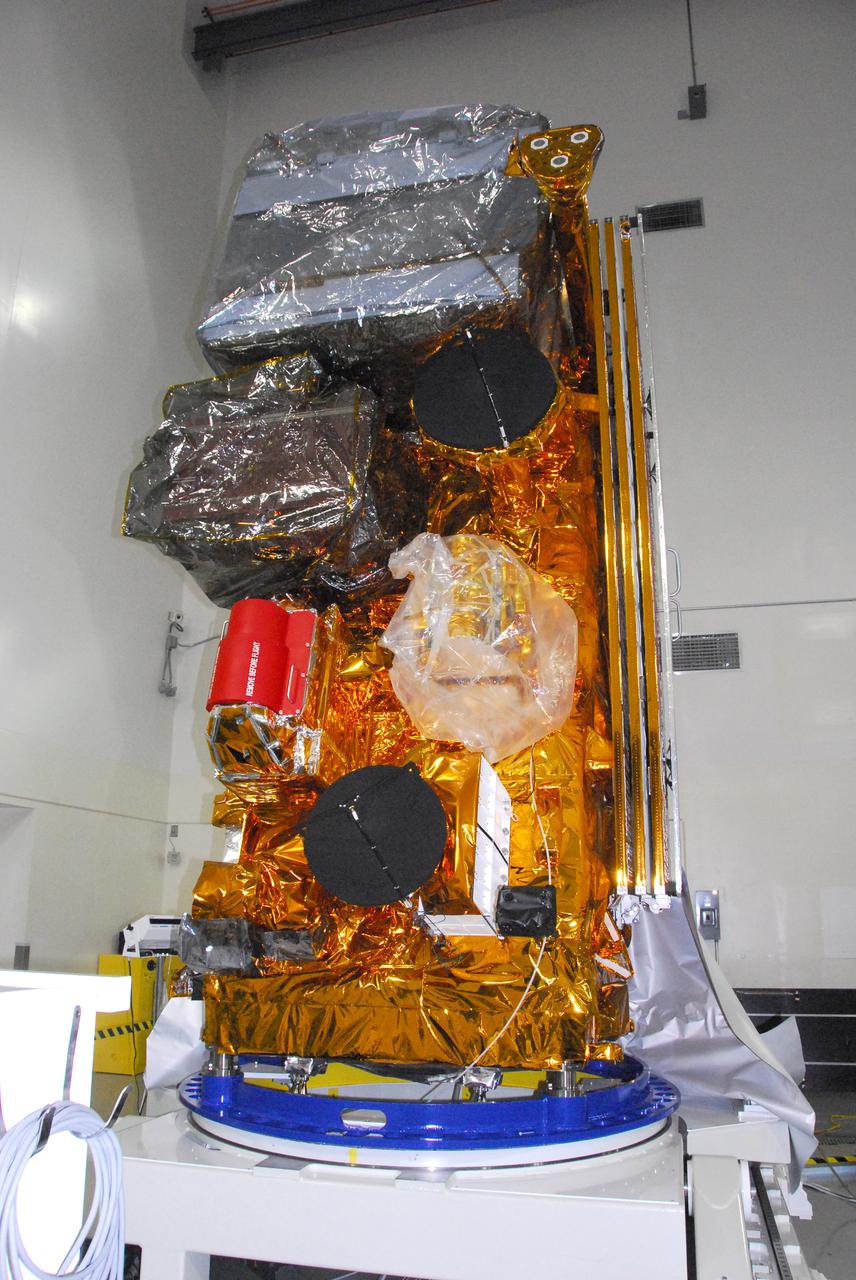 In a clean room inside the Astrotech Payload Processing Facility at Vandenberg Air Force Base in California, NASA’s National Polar-orbiting Operational Environmental Satellite System Preparatory Project (NPP) spacecraft is prepared for propellant loading. NPP represents a critical first step in building the next-generation of Earth-observing satellites. NPP will carry the first of the new sensors developed for this satellite fleet, now known as the Joint Polar Satellite System (JPSS), to be launched in 2016. NPP is the bridge between NASA's Earth Observing System (EOS) satellites and the forthcoming series of JPSS satellites. The mission will test key technologies and instruments for the JPSS missions. NPP is targeted to launch Oct. 28 from Space Launch Complex-2 aboard a United Launch Alliance Delta II rocket. For more information, visit http:__www.nasa.gov_NPP. Photo credit: NASA_Mark Mackley, VAFB