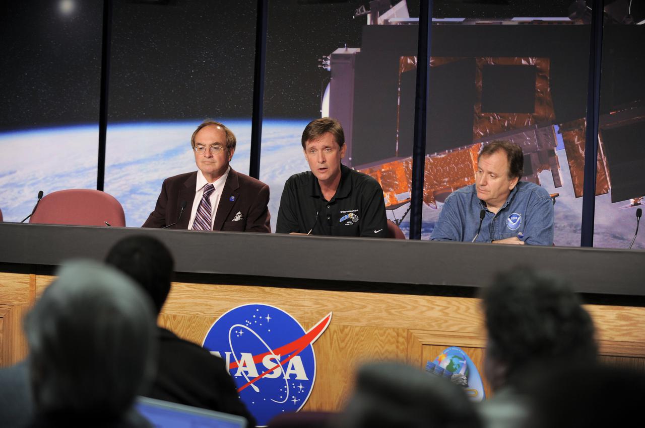 VANDENBERG AIR FORCE BASE, Calif. -- Participants in the prelaunch science briefing for NASA’s National Polar-orbiting Operational Environmental Satellite System Preparatory Project (NPP) spacecraft prepare to address members of the news media gathered at Vandenberg Air Force Base, Calif. Panelists are, from left, George Diller, NASA launch commentator, Jim Gleason, NPP project scientist, Goddard Space Flight Center, Greenbelt, Md., and Mitch Goldberg, NOAA Joint Polar Satellite System program scientist, Silver Spring, Md. NPP represents a critical first step in building the next-generation of Earth-observing satellites. NPP will carry the first of the new sensors developed for this satellite fleet, now known as the Joint Polar Satellite System (JPSS), to be launched in 2016. NPP is the bridge between NASA's Earth Observing System (EOS) satellites and the forthcoming series of JPSS satellites. The mission will test key technologies and instruments for the JPSS missions. NPP is targeted to launch Oct. 28 from Space Launch Complex-2 aboard a United Launch Alliance Delta II rocket. For more information, visit http:__www.nasa.gov_NPP. Photo credit: NASA_VAFB