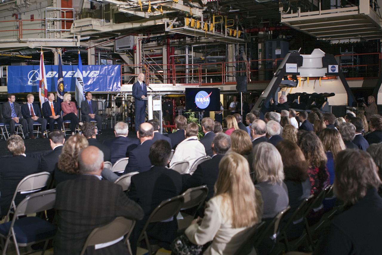 CAPE CANAVERAL, Fla. – In the Orbiter Processing Facility-3 (OPF-3) at NASA’s Kennedy Space Center in Florida, Florida Gov. Rick Scott speaks to the audience during the ceremony announcing the signing of an innovative agreement between NASA and Space Florida. Seated on the podium from left are, John Elbon, vice president and general manager of Boeing's Space Exploration, Sen. Bill Nelson of Florida, Florida Congressman Bill Posey, Florida Representative Sandy Adams, and John Mulholland, vice president and program manager of Boeing's Commercial Crew Programs.  NASA announced a partnership with Space Florida to occupy, use and modify Kennedy Space Center's Orbiter Processing Facility-3 (OPF-3), the Space Shuttle Main Engine Processing Facility and Processing Control Center. Space Florida has an agreement for use of the OPF-3 with the Boeing Company to manufacture and test the company's Crew Space Transportation (CST-100) spacecraft. The 15-year use permit deal is the latest step Kennedy is making as the center transitions from a historically government-only launch complex to a multi-user spaceport. For more information, visit http:__www.nasa.gov_exploration_commercial_index.html. Photo credit: NASA_Kim Shiflett