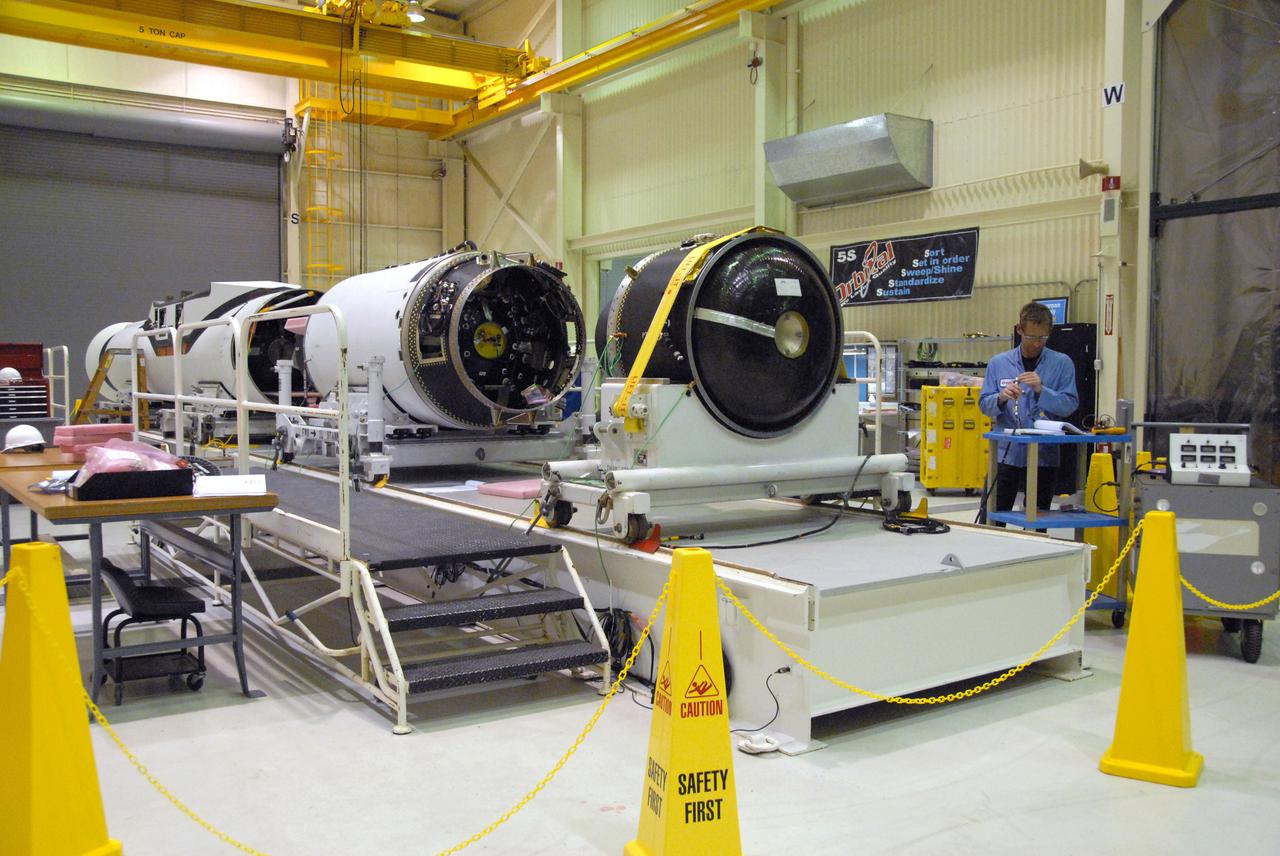 VANDENBERG AIR FORCE BASE, Calif. -- In a processing facility at Vandenberg Air Force Base in California, the three stages of the Pegasus XL launch vehicle are seen immediately prior to installation of the vehicle’s wing. The Orbital Sciences Corp. Pegasus rocket will launch the Nuclear Spectroscopic Telescope Array (NuSTAR) into space.  After the rocket and spacecraft are processed at Vandenberg, they will be flown on the Orbital Sciences’ L-1011 carrier aircraft to the Ronald Reagan Ballistic Missile Defense Test Site at the Pacific Ocean’s Kwajalein Atoll for launch. The high-energy x-ray telescope will conduct a census for black holes, map radioactive material in young supernovae remnants, and study the origins of cosmic rays and the extreme physics around collapsed stars. For more information, visit science.nasa.gov_missions_nustar_.  Photo credit: NASA_Randy Beaudoin, VAFB