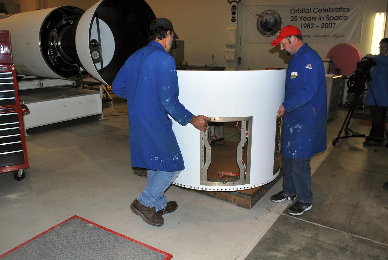 Pegasus/Nustar, Arival for the Aft Skirt & Fins, Installation of the Aft Skirt to the Aft End of Stage 1