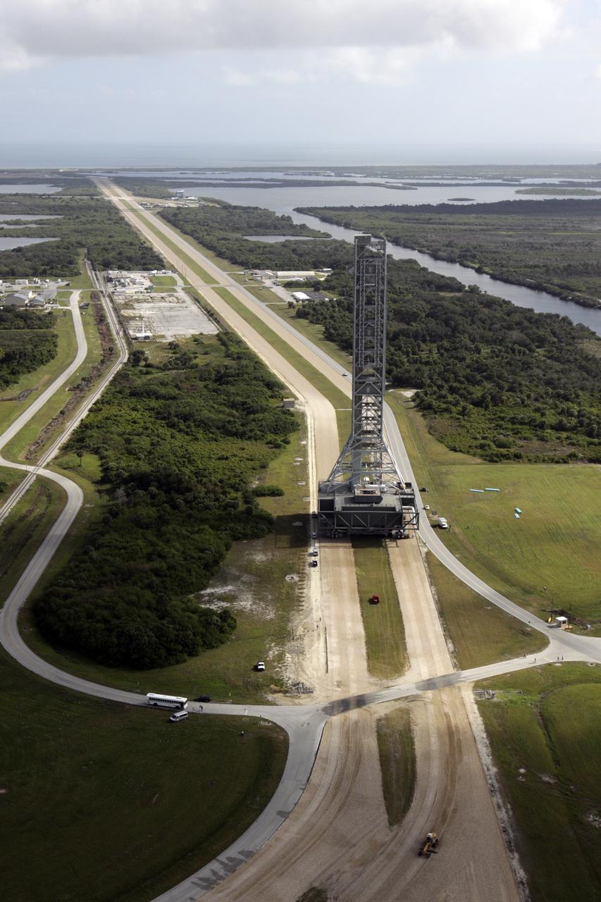 ML is rolled to Pad 39B, shot from VAB roof